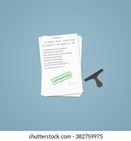 Approved documents, approved stamp, business papers. Signed agreement. 