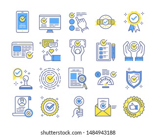 Approved elements color line icons set. Check marks, ticks collection. Checklist, certificate, documents, award medal, web sites symbols. Signs for web page, mobile app. Editable stroke.