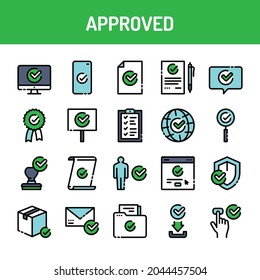 Approved elements color line icons set. Check marks, ticks collection. Checklist, certificate, documents, award medal, web sites symbols. Signs for web page, mobile app. Editable stroke.