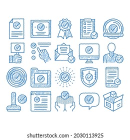 Approved Elements sketch icon vector. Hand drawn blue doodle line art Approved Sings On Document File And Hands, Computer Monitor And Smartphone Display Illustrations