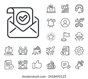 Approved email letter sign. Salaryman, gender equality and alert bell outline icons. Confirmed mail line icon. Verified correspondence symbol. Confirmed mail line sign. Vector