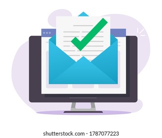 Approved email message check mark notice in document online on desktop computer or digital mail letter success confirmed application icon flat, concept of subscription newsletter or verified doc