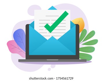 Approved email message notice check mark in document online on laptop computer pc or digital mail letter success confirmed application vector flat, concept of subscription newsletter or verified doc
