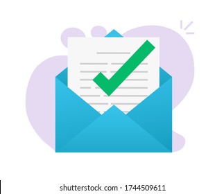 Approved email message notice in document or mail letter with success confirmed document icon flat cartoon symbol, concept of subscription newsletter correspondence or verified application