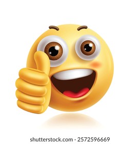 Approved emoji clipart 3d character. Thumbs up emoji character in hand finger, like, cool, ok sign, good, joyful and confident facial expression. Vector illustration approved emoticon clip art. 
