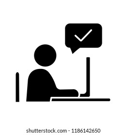 Approved Employee's Idea Glyph Icon. Approval Chat. Successful Remote Work. Online Verification. Silhouette Symbol. Online Communication. Person Chatting. Negative Space. Vector Isolated Illustration