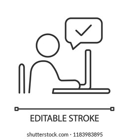 Approved employee's idea linear icon. Approval chat. Successful remote work. Online verification. Thin line illustration. Online communication. Vector isolated outline drawing. Editable stroke