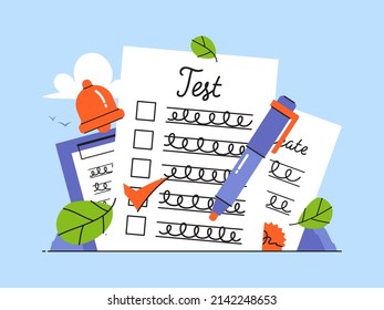 Approved exam test results or questionnaire report or survey checklist form. Flat style vector illustration of pen and document with checkmarks