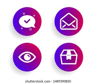 Approved, Eye and Mail icons simple set. Halftone dots button. Package box sign. Chat message, View or vision, E-mail. Delivery goods. Technology set. Classic flat approved icon. Vector