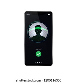 Approved Face recognition in modern smartphone vector illustration. Successful attemption user id process Isolated mobile phone on white background