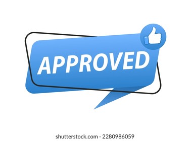 Etiqueta de marca aprobada con icono de miniaturas hacia arriba. Icono de comprobación de calidad aprobado. Producto destacado con logotipo para promoción. Elemento de Banner Web moderno. Ilustración del vector