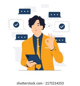 Approved gesture, Ok sign with Smiling Businessman wearing suit standing while holding mobile phone and showing thumbs up concept illustration