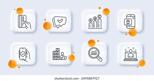 Approved, Graph chart and Payment card line icons pack. 3d glass buttons with blurred circles. Inventory, Data analysis, Pin marker web icon. Security app, Best manager pictogram. Vector