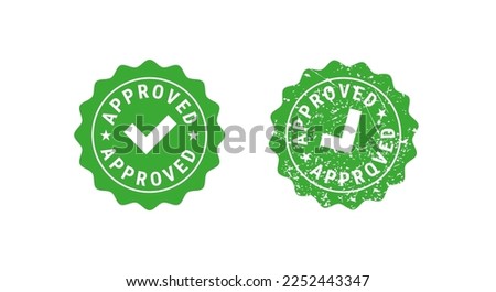 Approved green circle rubber seal stamp with tick and thumbs up. Thumbs up seal. Flat vector illustration isolated on white background.