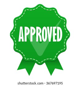 Approved green label with tick icon isolated on white background. Vector illustration