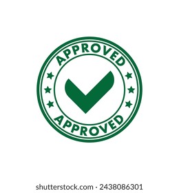 Approved, green seal with a tick. Grunge stamp.