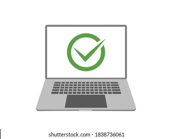 Approved green sign on the screen of an computer. Working well device concept illustration. Vector.