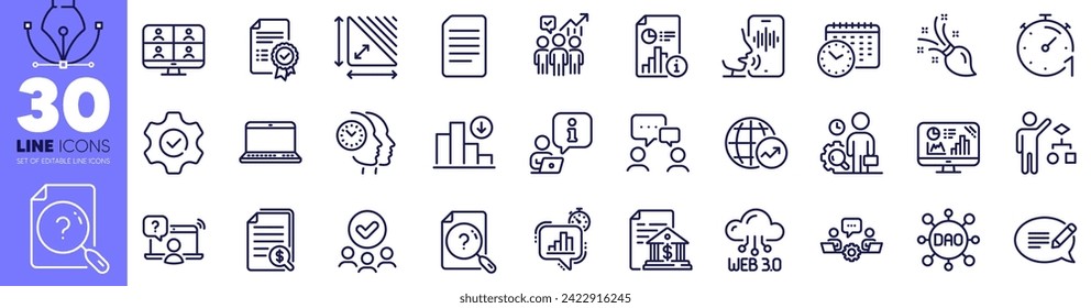 Approved group, Financial documents and Bank document line icons pack. Statistics timer, Notebook, Time management web icon. Inspect, Teamwork, Execute pictogram. Interview, Brush, Document. Vector