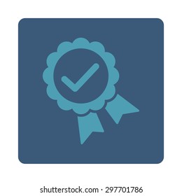 Approved icon from Award Buttons OverColor Set. Icon style is cyan and blue colors, flat rounded square button, white background.