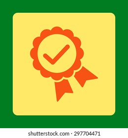 Approved icon from Award Buttons OverColor Set. Icon style is orange and yellow colors, flat rounded square button, green background.