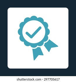 Approved icon from Award Buttons OverColor Set. Icon style is blue and white colors, flat rounded square button, dark blue background.