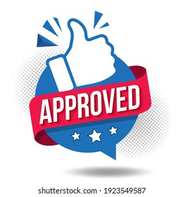 Approved icon. The blue label is accepted with the thumb up. The badge has been tested and verified. Vector illustration approved flag of quality check icon. Featured product with logo for promotion.