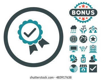 Approved icon with bonus images. Vector illustration style is flat iconic bicolor symbols, soft blue colors, white background.