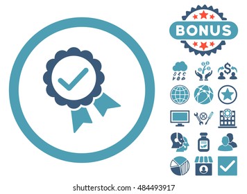 Approved icon with bonus images. Vector illustration style is flat iconic bicolor symbols, cyan and blue colors, white background.