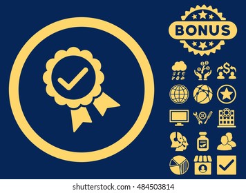 Approved icon with bonus images. Vector illustration style is flat iconic symbols, yellow color, blue background.