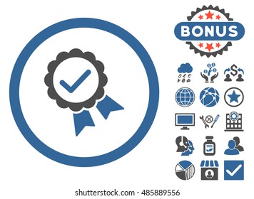 Approved icon with bonus pictogram. Vector illustration style is flat iconic bicolor symbols, cobalt and gray colors, white background.