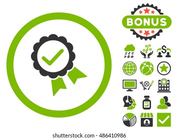 Approved icon with bonus symbols. Vector illustration style is flat iconic bicolor symbols, eco green and gray colors, white background.