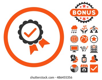 Approved icon with bonus symbols. Vector illustration style is flat iconic bicolor symbols, orange and gray colors, white background.
