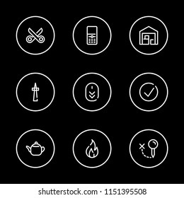 Approved icon with cell phone, tea and scroll down symbols. Set of warehouse, flame, depot icons and depot concept. Editable vector elements for logo app UI design.