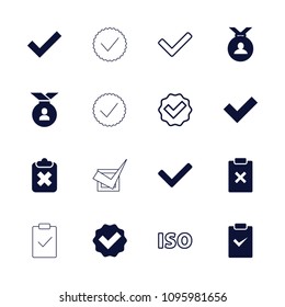 Approved icon. collection of 16 approved filled and outline icons such as medal, tick, clipboard with cross, iso. editable approved icons for web and mobile.