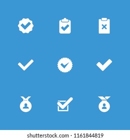 Approved icon. collection of 9 approved filled icons such as medal, tick, clipboard with tick. editable approved icons for web and mobile.