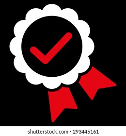 Approved icon from Competition & Success Bicolor Icon Set. Vector style: flat bicolor symbols, red and white colors, rounded angles, black background.