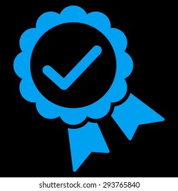 Approved icon from Competition & Success Bicolor Icon Set. Vector style: flat symbols, blue color, rounded angles, black background.