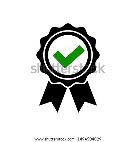 Approved icon in flat style Award rosette symbol with check isolated on white background Simple certified medal signs Abstract icon in black Vector illustration for graphic design, Web, UI, mobile upp