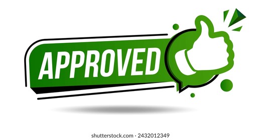 Approved icon. A flat web banner is taken with a thumb up. The badge has been tested and verified. Vector illustration of approved flag quality check icon. Featured product with logo for promotion.