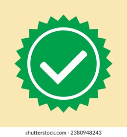 Approved icon. Green approved star sticker. Profile Verification. Accept badge. Green tick symbol, icon, sign in green color. Done. Confirmed account icon.  Green check mark.