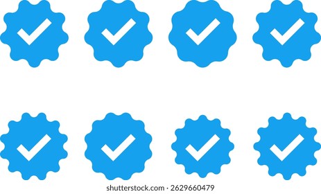 Ícone aprovado definido. ícone de marca de seleção definido. Ícone do emblema verificado. Assinalar o símbolo. Crachá do certificado. Símbolo de certificação de qualidade