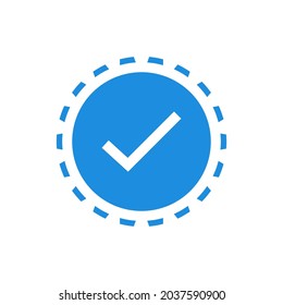 Approved Icon. White Check Mark with Blue Circle and Dashed Line Sticker Label isolated on White Background. Flat Vector Icon Design Elements For Web Templates.