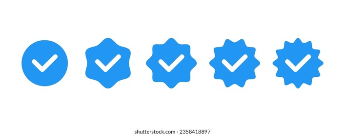 Icono aprobado. Marca de verificación blanca con conjunto de círculo azul. Ilustración del vector