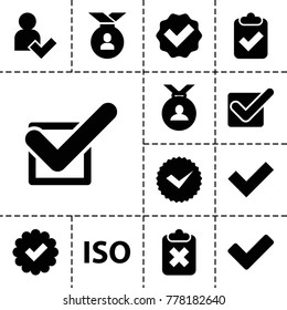 Approved icons. set of 13 editable filled approved icons such as medal, tick, clipboard with tick, clipboard with cross, iso