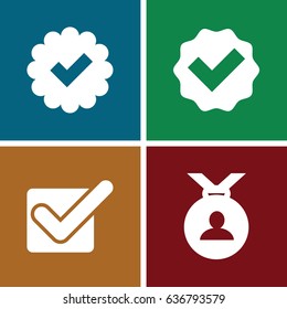 Approved icons set. set of 4 approved filled icons such as medal
