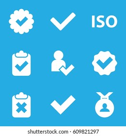 Approved icons set. set of 9 approved filled icons such as medal, ISO, add user, tick, clipboard with tick