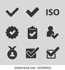 Approved icons set. set of 9 approved filled icons such as medal, tick, ISO, add user