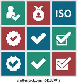 Approved icons set. set of 9 approved filled icons such as medal, tick, iso