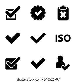 Approved icons set. set of 9 approved filled icons such as tick, iso, add user