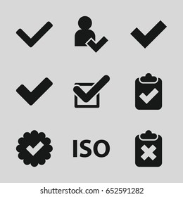 Approved icons set. set of 9 approved filled icons such as tick, iso, add user, clipboard with tick